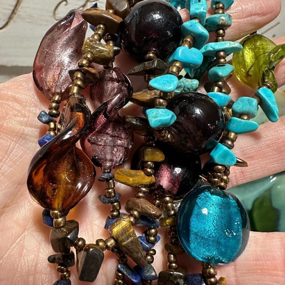 Handcrafted Triple Strand Genuine Gemstone & Lampwork Bead Multi Color Necklace - Picture 4 of 5